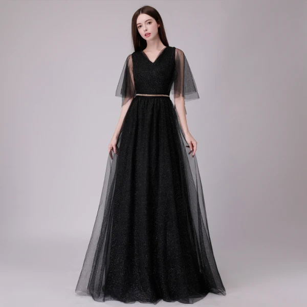 Chic / Belle Bleu Marine Robe De Soirée 2018 Princesse Glitter Métal Ceinture V-Cou Dos Nu 1/2 Manches Longue Robe De Ceremonie