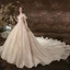 Charmant Champagne Robe De Mariée 2020 Princesse Encolure Dégagée Perlage Paillettes En Dentelle Fleur Manches Courtes Dos Nu Cathedral Train