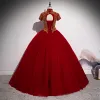 Elegant Burgundy Prom Dresses 2020 Ball Gown High Neck Beading Sequins Short Sleeve Backless Floor-Length / Long Formal Dresses