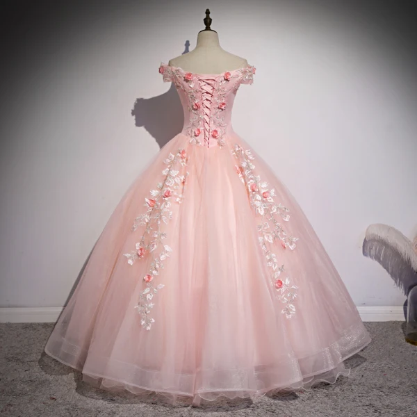 Chic / Beautiful Blushing Pink Prom Dresses 2020 Ball Gown Off-The-Shoulder Beading Pearl Appliques Lace Flower Short Sleeve Backless Floor-Length / Long Formal Dresses
