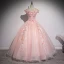Chic / Beautiful Blushing Pink Prom Dresses 2020 Ball Gown Off-The-Shoulder Beading Pearl Appliques Lace Flower Short Sleeve Backless Floor-Length / Long Formal Dresses