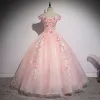 Chic / Beautiful Blushing Pink Prom Dresses 2020 Ball Gown Off-The-Shoulder Beading Pearl Appliques Lace Flower Short Sleeve Backless Floor-Length / Long Formal Dresses