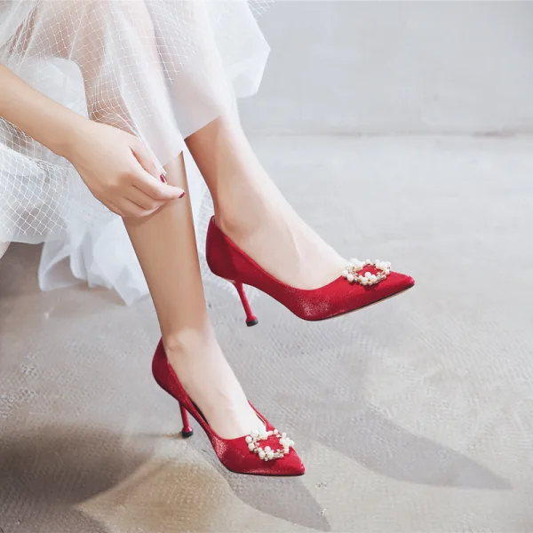 Chinese style Red Wedding Shoes 2020 Pearl 8 cm Stiletto Heels Pointed Toe Wedding Pumps