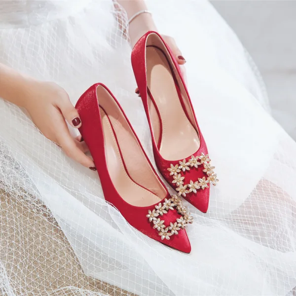 Chinese style Red Rhinestone Wedding Shoes 2020 8 cm Stiletto Heels Pointed Toe Wedding Pumps