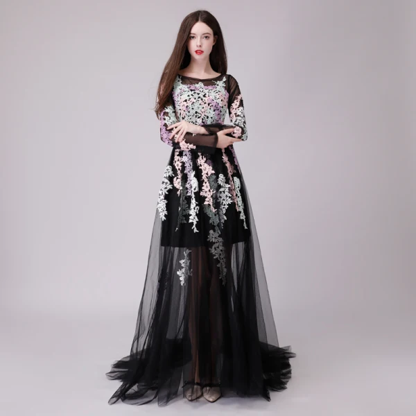 Chic / Belle Noire Robe De Soirée 2018 Princesse Transparentes En Dentelle Appliques Encolure Dégagée Manches Longues Longue Robe De Ceremonie