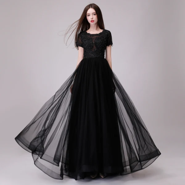 Chic / Belle Noire Robe De Soirée 2018 Princesse En Dentelle Appliques Paillettes Encolure Dégagée Dos Nu Manches Courtes Longue Robe De Ceremonie