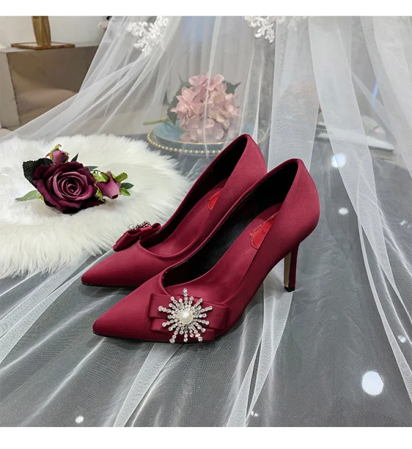Elegancka Kość Słoniowa Buty Ślubne 2020 Satyna Perła Rhinestone Kokarda 9 cm Szpilki Szpiczaste Ślub Czółenka