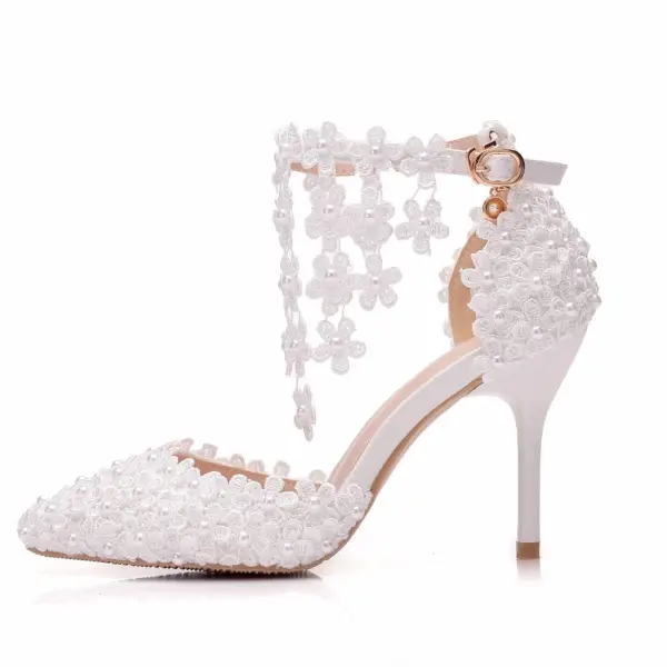 Charming Ivory Wedding Shoes 2020 Ankle Strap Pearl Lace Flower 9 cm Stiletto Heels Pointed Toe Wedding Pumps