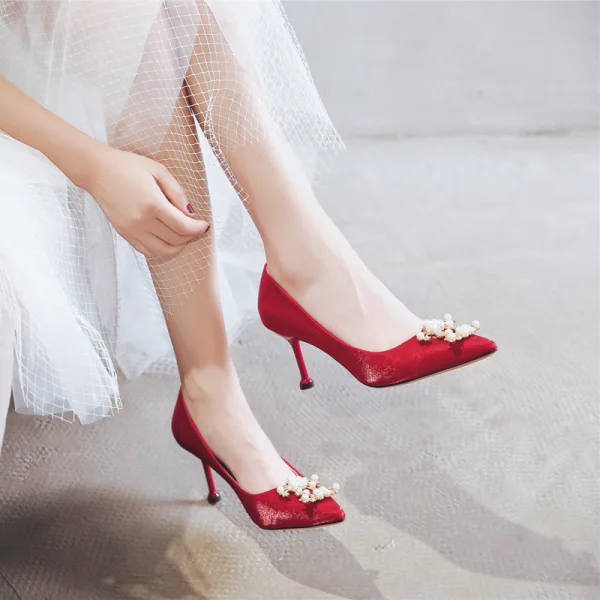 Chinese style Red Pearl Wedding Shoes 2020 Rhinestone 8 cm Stiletto Heels Pointed Toe Wedding Pumps