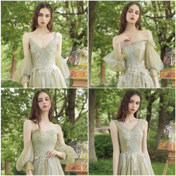 Chic / Beautiful Sage Green Pearl Lace Flower Bridesmaid Dresses 2021 A-Line / Princess Off-The-Shoulder Short Sleeve Backless Floor-Length / Long Bridesmaid Wedding Party Dresses