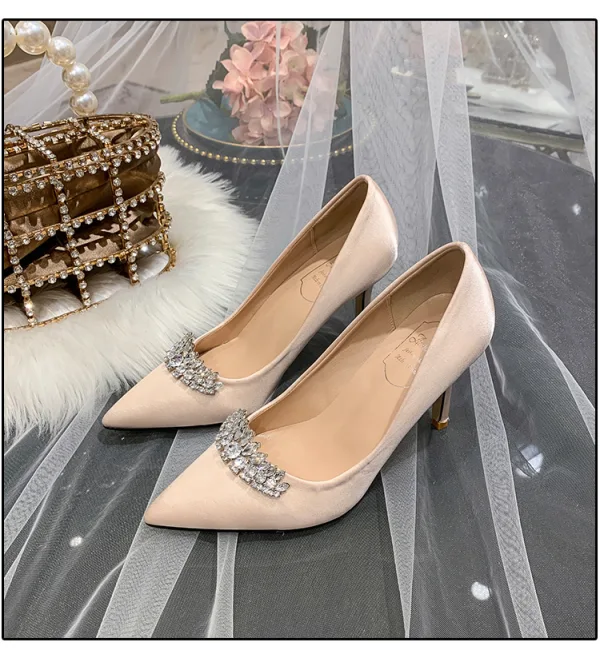 Mode Ivoire Faux Diamant Chaussure De Mariée 2020 Satin 9 cm Talons Aiguilles À Bout Pointu Mariage Escarpins