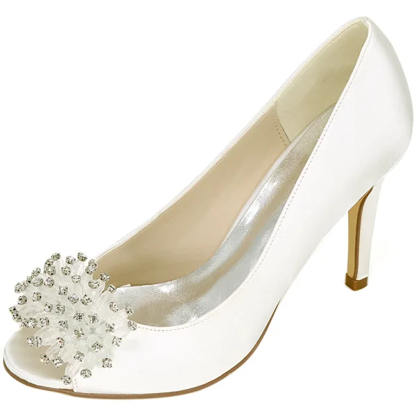 Elegancka Szampan Na Wesele Buty Ślubne 2020 Satyna Rhinestone 9 cm Szpilki Peep Toe Ślub Czółenka