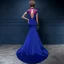 Vintage / Originale Style Chinois Bleu Roi Robe De Soirée 2018 Trompette / Sirène En Dentelle Appliques Perlage Cristal Col Haut Dos Nu Mancherons Train De Balayage Robe De Ceremonie