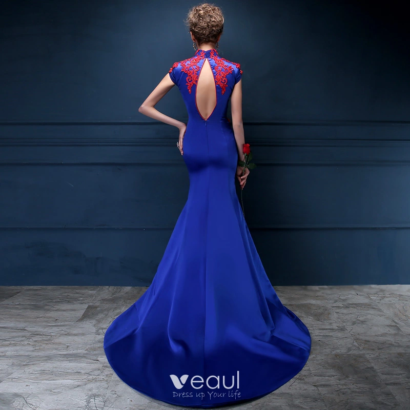 Vintage Retro Chinese Style Royal Blue Evening Dresses 2018 Trumpet Mermaid  Lace Appliques Beading Crystal High Neck Backless Cap Sleeves Sweep Train Formal  Dresses