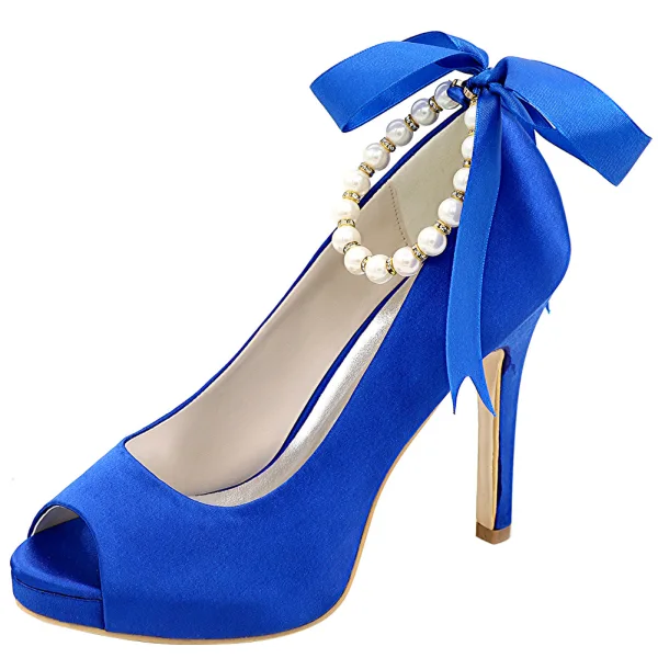 Edles Champagner Abend Satin Pumps 2020 Schleife Perle Knöchelriemen 11 cm Stilettos Peeptoes Pumps