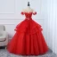 Élégant Rouge Robe De Bal 2020 Robe Boule Encolure Dégagée Perlage Faux Diamant Appliques En Dentelle Fleur Manches Courtes Dos Nu Longue Promo Robe De Ceremonie