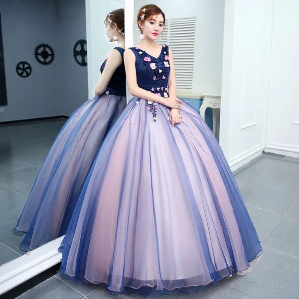 Traditional Navy Blue Prom Dresses 2020 Ball Gown V-Neck Beading Appliques Lace Flower Sleeveless Backless Floor-Length / Long Formal Dresses