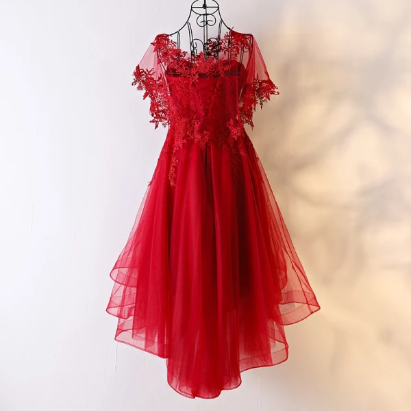 Chic / Belle Rouge Robe De Ceremonie 2017 En Dentelle Fleur Amoureux 1/2 Manches Dos Nu Asymétrique Princesse Robe De Soirée