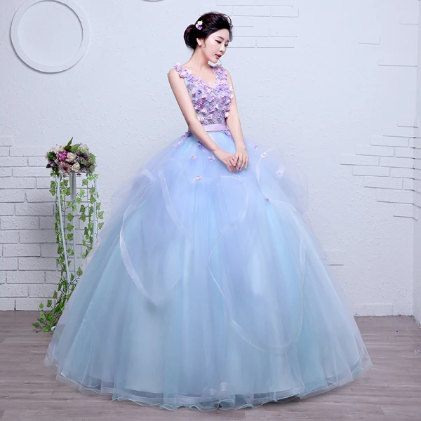 Charming Flower Fairy Sky Blue Prom Dresses 2020 Ball Gown V-Neck Pearl Lace Flower Appliques Sleeveless Backless Cascading Ruffles Floor-Length / Long