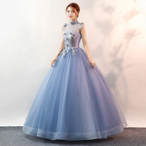 Élégant Bleu Ciel Robe De Bal 2020 Robe Boule Col Haut Perle En Dentelle Fleur Sans Manches Dos Nu Longue Robe De Ceremonie