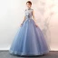 Élégant Bleu Ciel Robe De Bal 2020 Robe Boule Col Haut Perle En Dentelle Fleur Sans Manches Dos Nu Longue Robe De Ceremonie