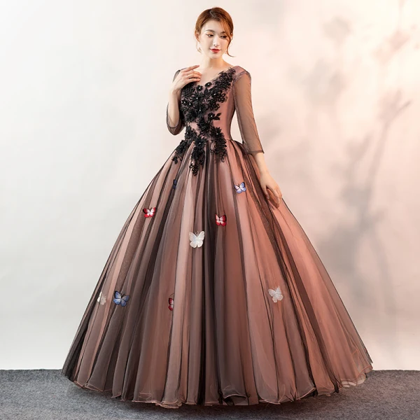 Elegant Black Prom Dresses 2020 Ball Gown V-Neck Butterfly Appliques Lace Flower 3/4 Sleeve Backless Floor-Length / Long Formal Dresses