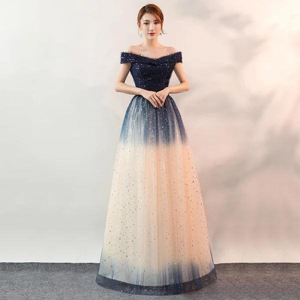 Fashion Gradient-Color Navy Blue Evening Dresses 2020 A-Line / Princess Off-The-Shoulder Lace Sequins Sleeveless Backless Floor-Length / Long Formal Dresses