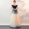 Mode Dégradé De Couleur Bleu Marine Robe De Soirée 2020 Princesse De l'épaule En Dentelle Paillettes Sans Manches Dos Nu Longue Robe De Ceremonie