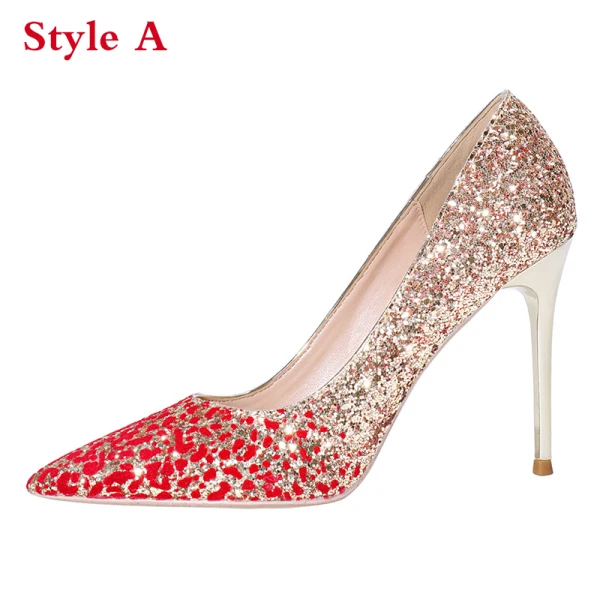 Glitzernden Charmant Gold Rot Farbverlauf Brautschuhe 2020 Glanz Pailletten 10 cm Stilettos Spitzschuh Hochzeit Pumps