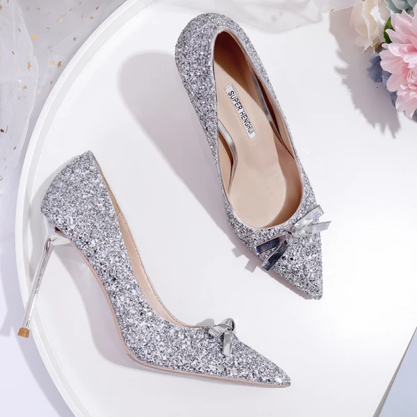 Błyszczące Szampan Buty Ślubne 2020 Kokarda Cekiny 10 cm Szpilki Szpiczaste Ślub Czółenka