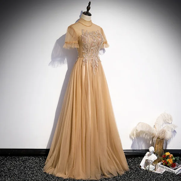 Élégant Champagne Robe De Bal 2021 Princesse Col Haut Perlage En Dentelle Paillettes Manches Courtes Dos Nu Longue Promo Robe De Ceremonie