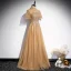 Élégant Champagne Robe De Bal 2021 Princesse Col Haut Perlage En Dentelle Paillettes Manches Courtes Dos Nu Longue Promo Robe De Ceremonie