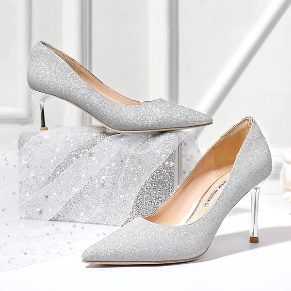 Sparkly Silver Evening Party Pumps 2020 Sequins 8 cm Stiletto Heels Pointed Toe Pumps