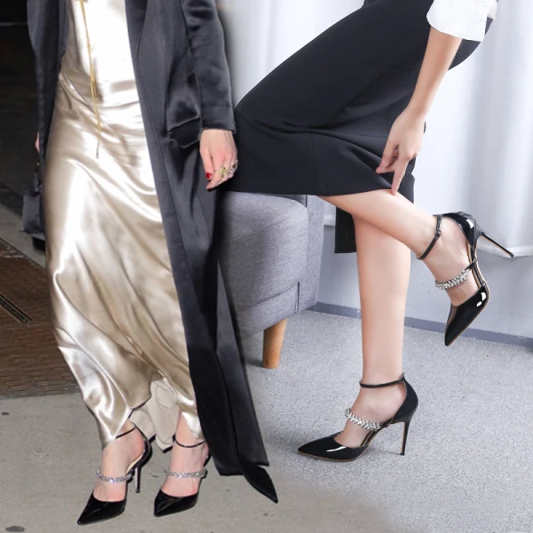 Charming Silver Evening Party Leather Womens Shoes 2020 Patent Leather Rhinestone Ankle Strap 10 cm Stiletto Heels Pointed Toe Heels
