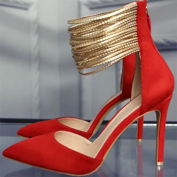 Mode Abend Leder Schwarz Damenschuhe 2020 Wildleder Gold Knöchelriemen 10 cm Stilettos Spitzschuh Pumps