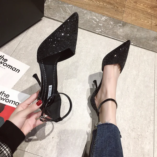 Sparkly Silver Evening Party Womens Shoes 2020 Sequins Ankle Strap 10 cm Stiletto Heels Pointed Toe Heels