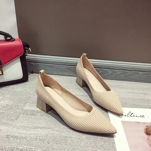 Simple Noire Désinvolte Tresser Escarpins 2020 4 cm Talons Épais À Bout Pointu Talon Bas Escarpins