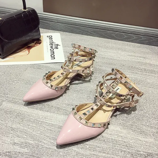 Fashion Beige Street Wear Rivet Womens Sandals 2020 Ankle Strap 4 cm Thick Heels Pointed Toe Low Heel Sandals