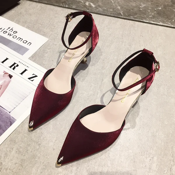 Simple Noire Désinvolte Daim Chaussures Femmes 2020 Bride Cheville 6 cm Talons Aiguilles À Bout Pointu Talons