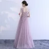 Chic / Beautiful Blushing Pink Prom Dresses 2018 A-Line / Princess Appliques Scoop Neck Backless Sleeveless Floor-Length / Long Formal Dresses
