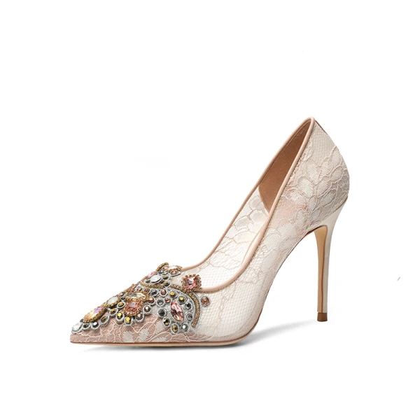 Charming Champagne Lace Rhinestone Wedding Shoes 2020 10 cm Stiletto Heels Pointed Toe Wedding Pumps