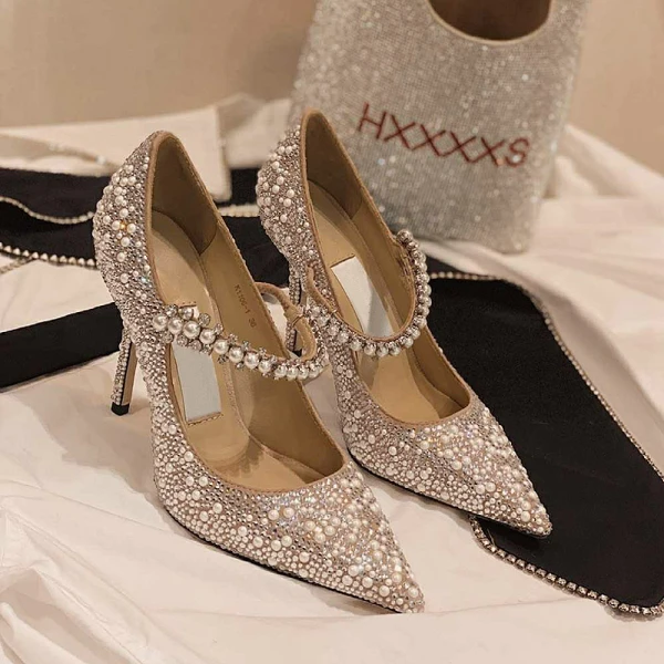 Sparkly Sølv Paljetter Brudesko 2020 Lær Perle 9 cm Stiletthæler Spisse Bryllup Pumps
