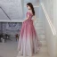 Fashion Gradient-Color Candy Pink Sequins Prom Dresses 2021 A-Line / Princess Off-The-Shoulder Short Sleeve Backless Bow Floor-Length / Long Evening Party Formal Dresses