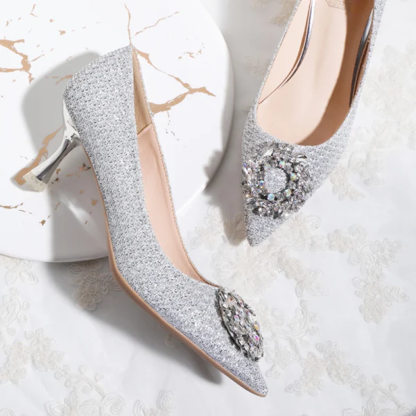 Błyszczące Srebrny Rhinestone Buty Ślubne 2020 Cekinami Cekiny 8 cm Szpilki Szpiczaste Ślub Czółenka