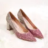 Sparkly Gradient-Color Fuchsia Wedding Shoes 2020 Glitter Sequins 6 cm Thick Heels Pointed Toe Pumps
