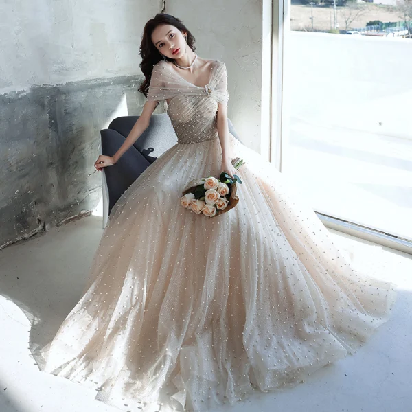 Charmant Champagne Perle Paillettes Robe De Bal 2021 Princesse De l'épaule Manches Courtes Longue Promo Robe De Ceremonie