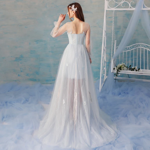 Elegant Sky Blue Summer Evening Dresses  2018 A-Line / Princess Lace Flower Beading Scoop Neck Backless Long Sleeve Sweep Train Formal Dresses