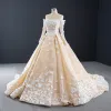 Luxury / Gorgeous Champagne Lace Butterfly Wedding Dresses 2020 A-Line / Princess Off-The-Shoulder Long Sleeve Backless Chapel Train