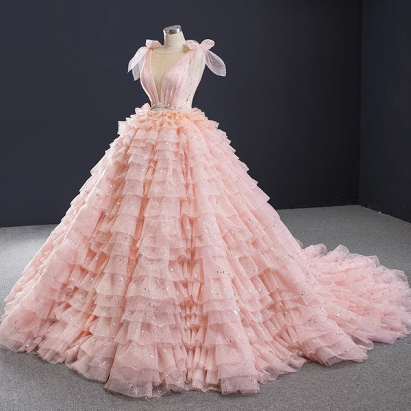Luxury / Gorgeous Lovely Candy Pink Sequins Wedding Dresses 2023 Ball Gown Scoop Neck Sleeveless Backless Cascading Ruffles Chapel Train