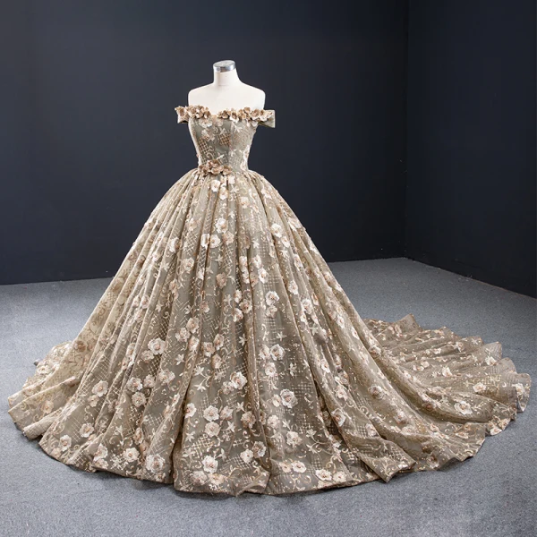 High-end Khaki Prom Dresses 2023 Ball Gown Off-The-Shoulder Handmade Beading Pearl Sequins Lace Flower Sleeveless Backless Royal Train